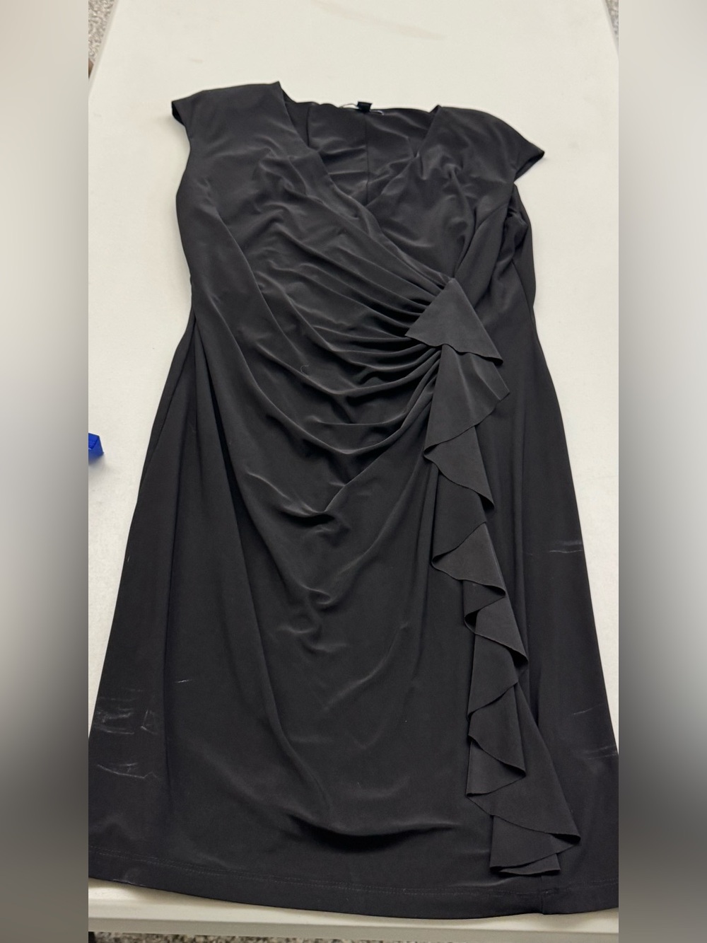 American Living Black Capped-Sleeve Ruffle Draped Dress